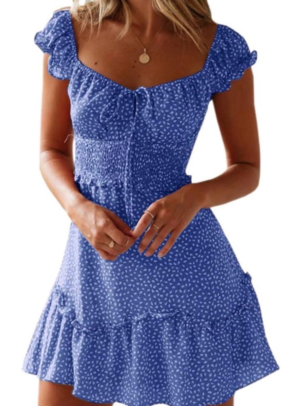 Blue Floral Smocked Ruffle Mini Dress